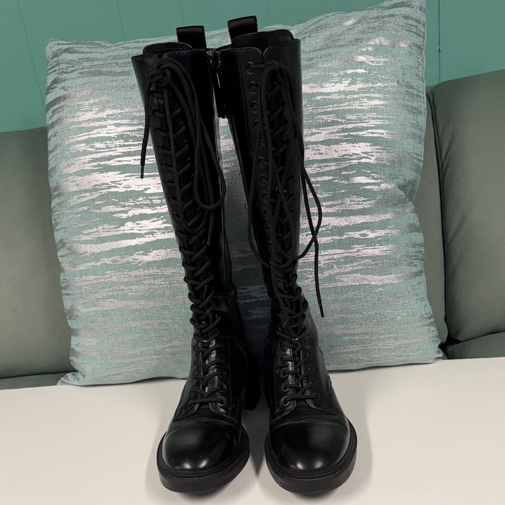 ZARA WOMENS HIGH FAUX BLACK LEATHER LACE UP BOOTS/SIDE ZIPPER SIZE EUR38 USA 7.5
